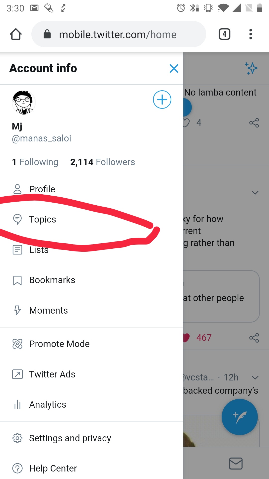 Twitter menu page